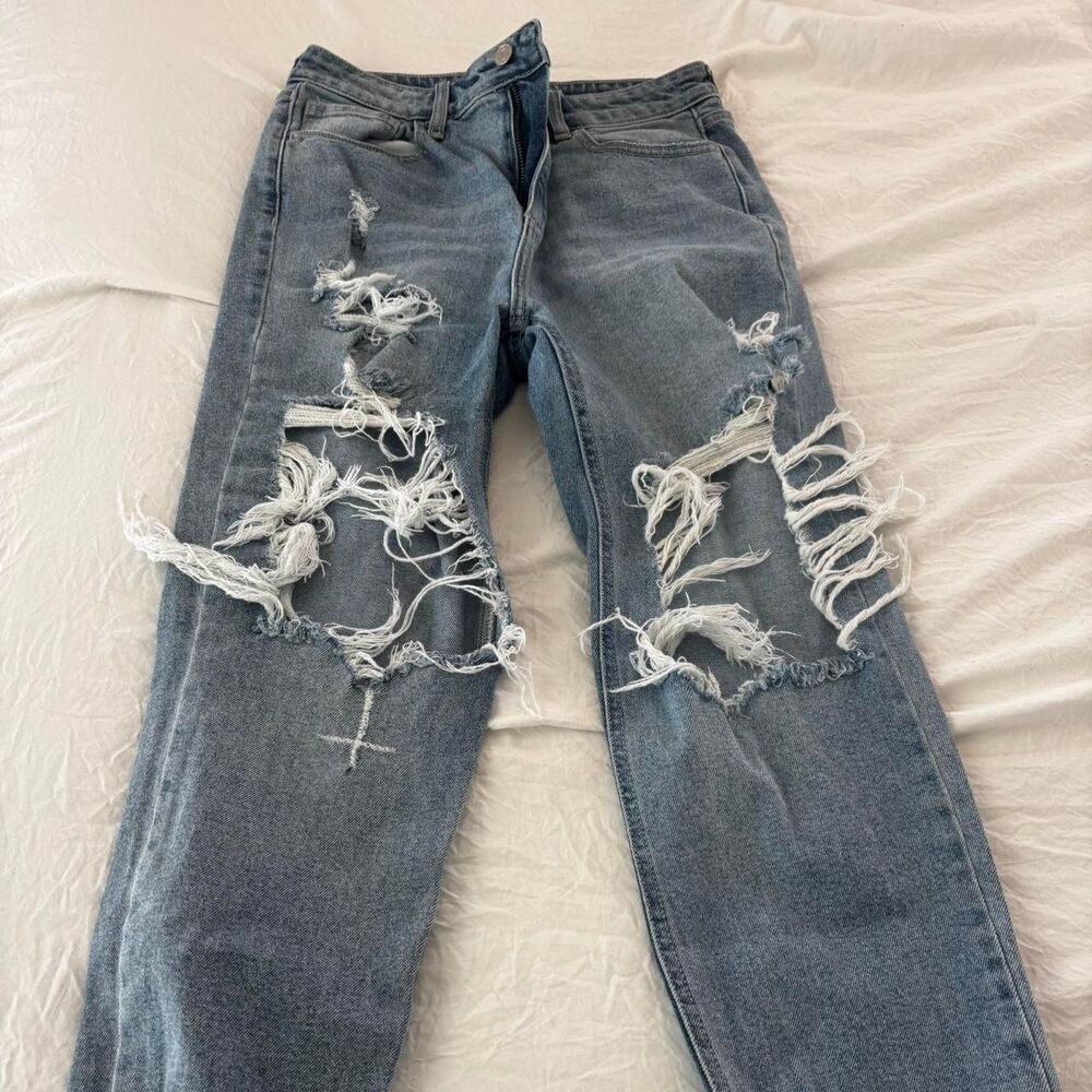CELLO Women's Blue Distressed Ripped High Waisted Straight Medium Jeans
